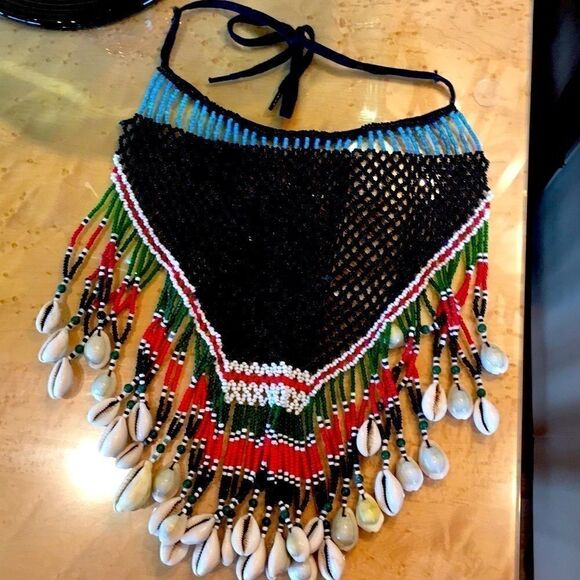 Vintage 60’s tie beaded dance skirt necklace or wall hanging cowrie shell bead - Picture 6 of 14